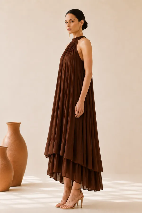 Brown_Pleated_Halter_Neck_Maxi_Dress_For_Women