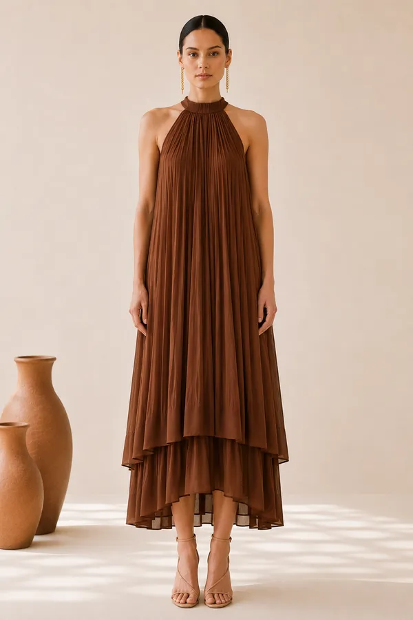 Brown_Pleated_Halter_Neck_Maxi_Dress_For_Women