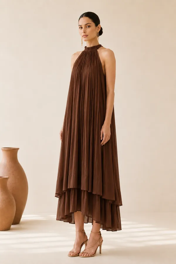 Brown_Pleated_Halter_Neck_Maxi_Dress_For_Women