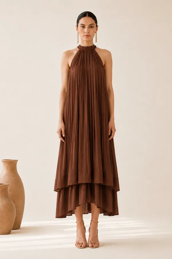 Brown_Pleated_Halter_Neck_Maxi_Dress_For_Women