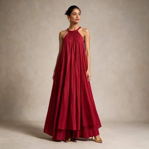 Red_Pleated_Halter_Neck_Maxi_Dress_For_Women
