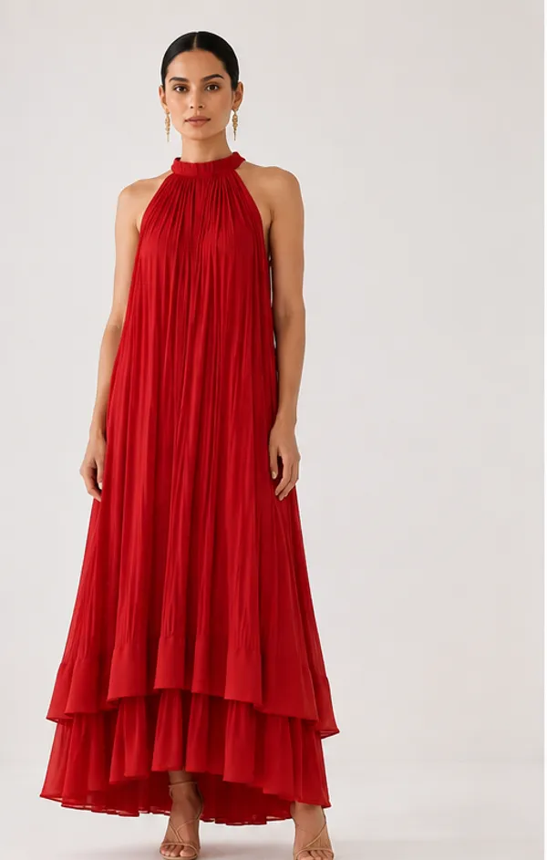 Red_Pleated_Halter_Neck_Maxi_Dress_For_Women
