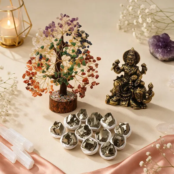 Krystalsnmore_Laxmi_Attraction_Combo_–_7_Chakra_Tree,_Gajlaxmi_Miniature_and_Pyrite_Cluster