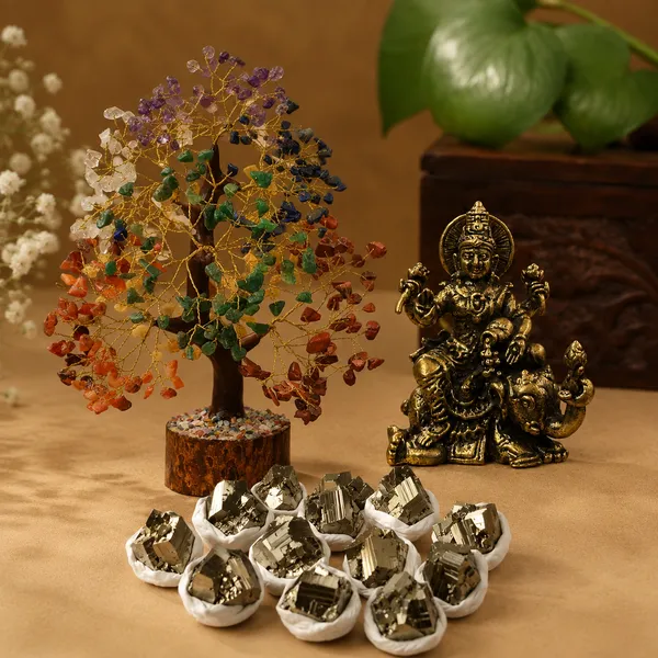 Krystalsnmore_Laxmi_Attraction_Combo_–_7_Chakra_Tree,_Gajlaxmi_Miniature_and_Pyrite_Cluster