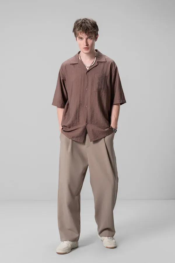 Men_Brown_Camp_Collar_Oversized_Short_Sleeve_Shirt