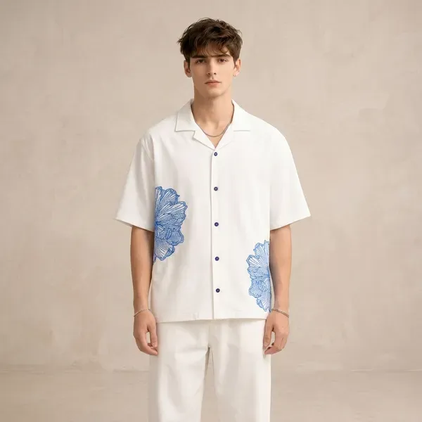 White_Cotton_Regular_Fit_Floral_Embroidered_Cuban_Collar_Shirt_For_Men