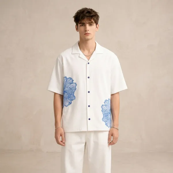 White_Cotton_Regular_Fit_Floral_Embroidered_Cuban_Collar_Shirt_For_Men