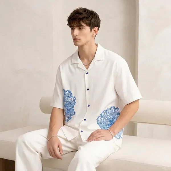 White_Cotton_Regular_Fit_Floral_Embroidered_Cuban_Collar_Shirt_For_Men