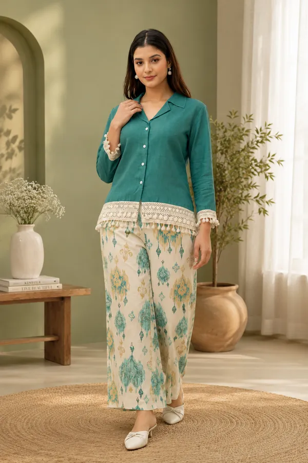 Teal_Lace_Detail_Shirt_And_Palazzo_Set_for_Women