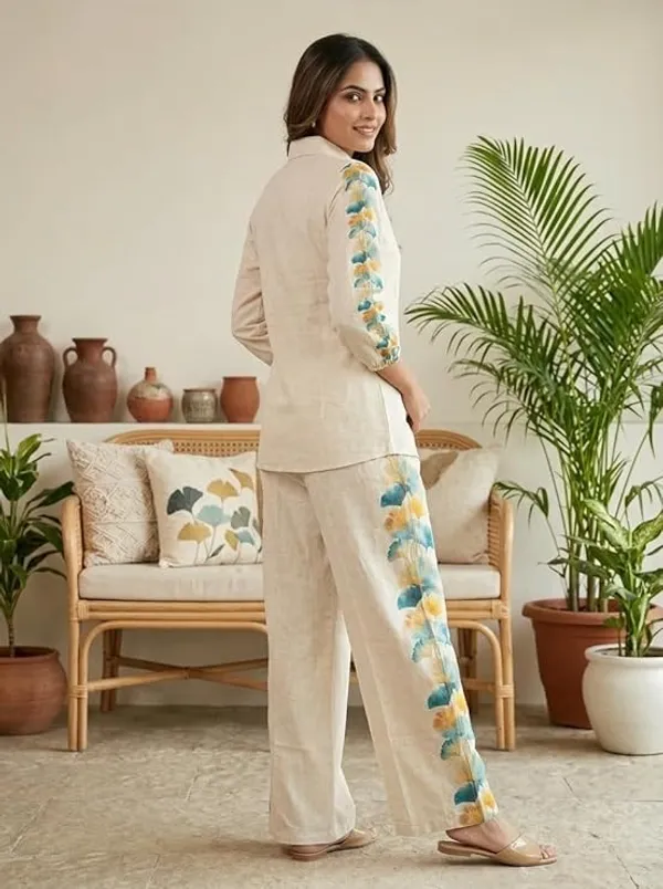 Cream_Floral_Print_Shirt_And_Pant_Co-Ord_Set_For_Women