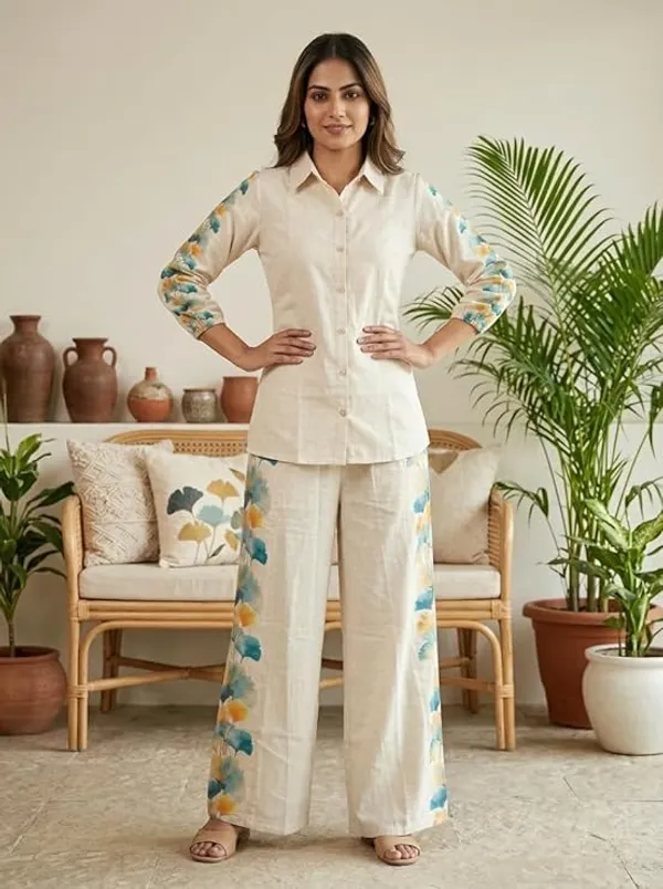Cream_Floral_Print_Shirt_And_Pant_Co-Ord_Set_For_Women