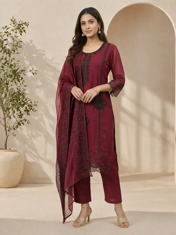 Maroon_Embroidered_Straight_Kurta_Set_for_Women
