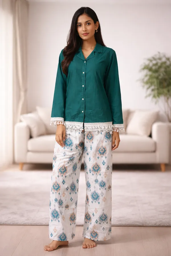 Teal_Button_Front_Pajama_Set_for_Women