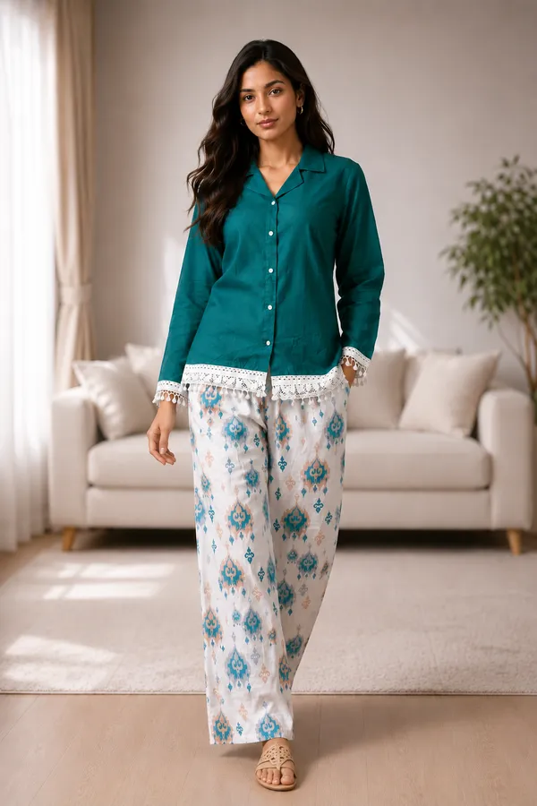 Teal_Button_Front_Pajama_Set_for_Women