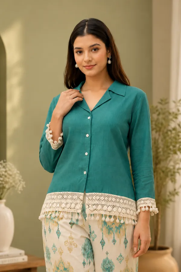 Teal_Lace_Detail_Shirt_And_Palazzo_Set_for_Women