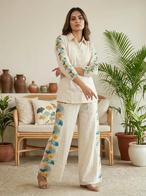 Cream_Floral_Print_Shirt_And_Pant_Co-Ord_Set_For_Women