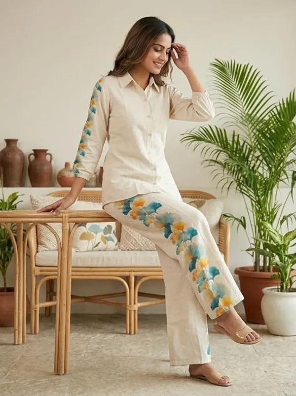 Cream_Floral_Print_Shirt_And_Pant_Co-Ord_Set_For_Women