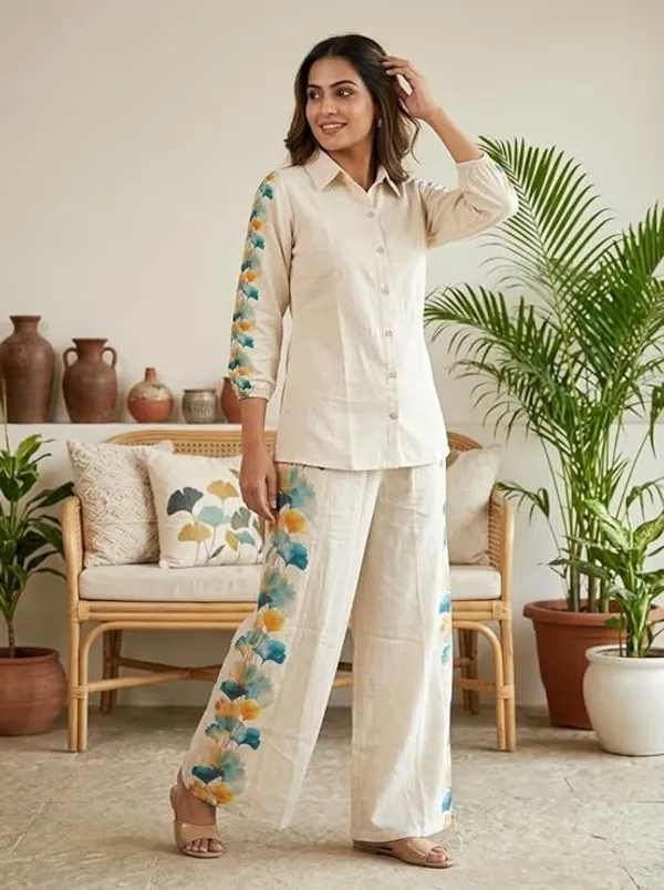 Cream_Floral_Print_Shirt_And_Pant_Co-Ord_Set_For_Women