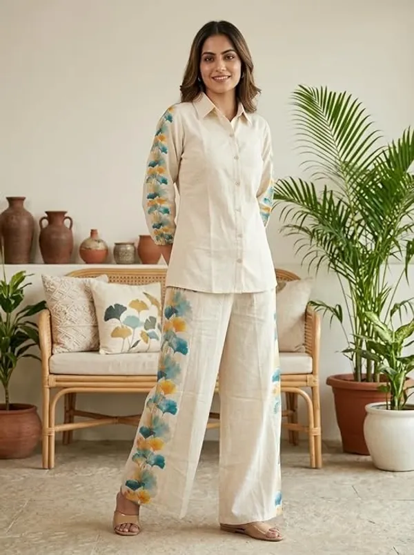 Cream_Floral_Print_Shirt_And_Pant_Co-Ord_Set_For_Women