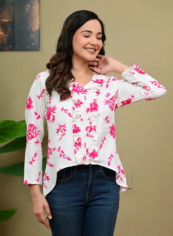 White_Floral_Print_Ruffle_Top_for_Women