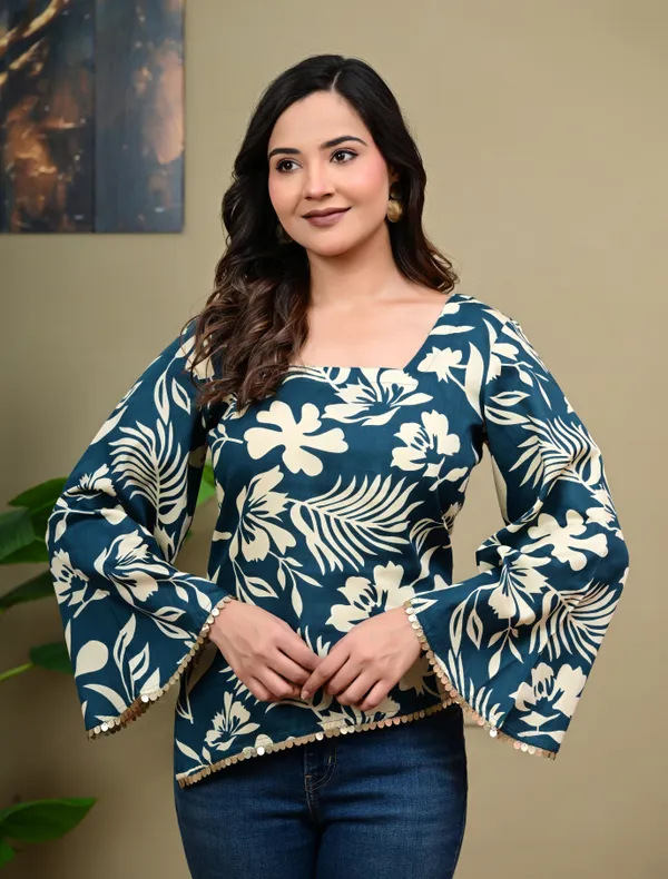 Blue_Floral_Print_Flared_Sleeve_Top_for_Women