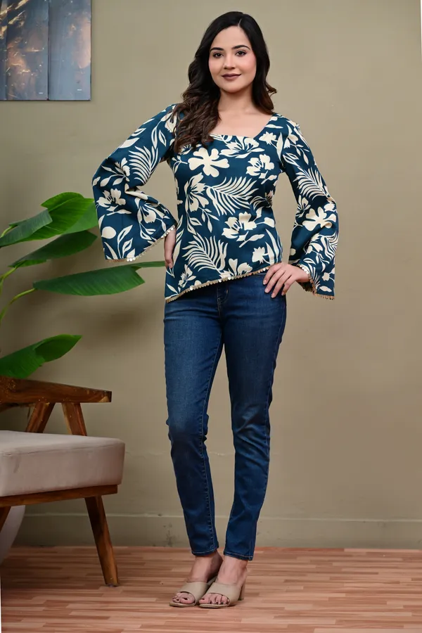 Blue_Floral_Print_Flared_Sleeve_Top_for_Women