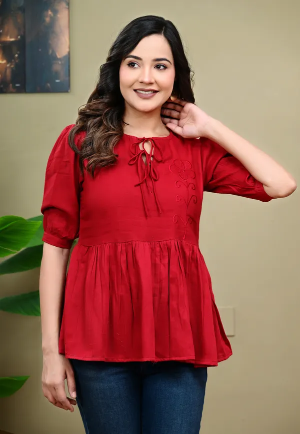 Red_Cotton_Embroidered_Peplum_Top_For_Women