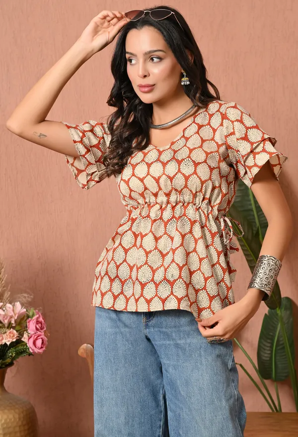 Rust_Cotton_Tie_Waist_Printed_Top_for_Women