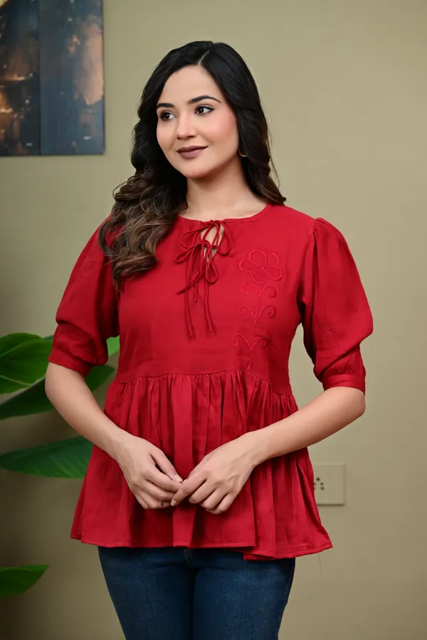 Red_Cotton_Embroidered_Peplum_Top_For_Women