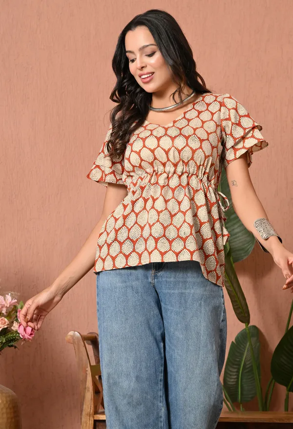 Rust_Cotton_Tie_Waist_Printed_Top_for_Women