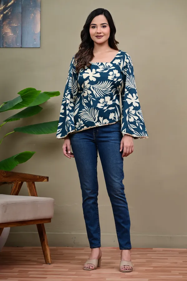 Blue_Floral_Print_Flared_Sleeve_Top_for_Women