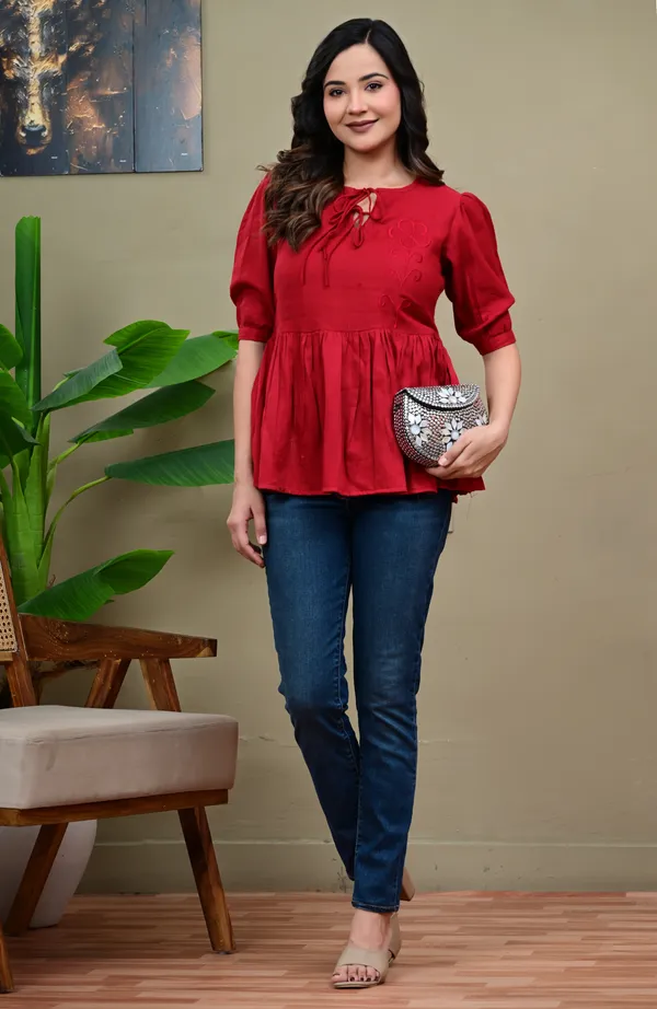 Red_Cotton_Embroidered_Peplum_Top_For_Women