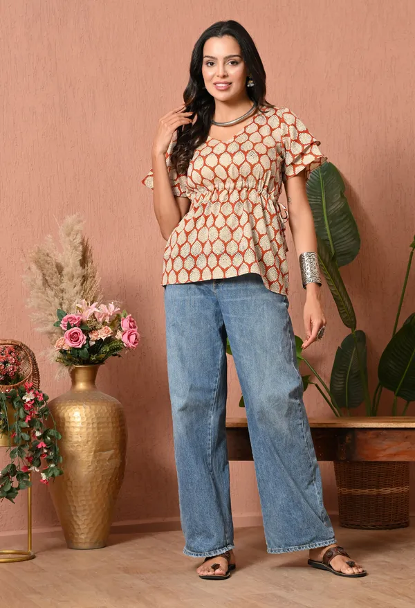 Rust_Cotton_Tie_Waist_Printed_Top_for_Women