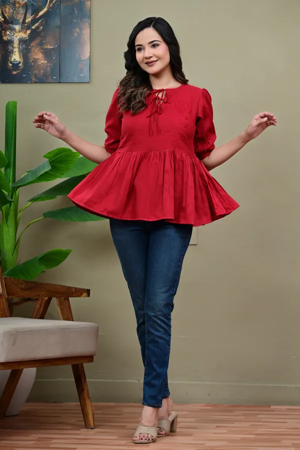 Red_Puff_Sleeve_Peplum_Top_for_Women