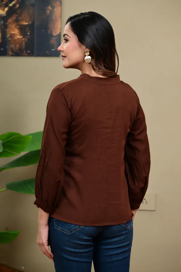 Brown_Long_Sleeve_Gathered_Top_for_Women