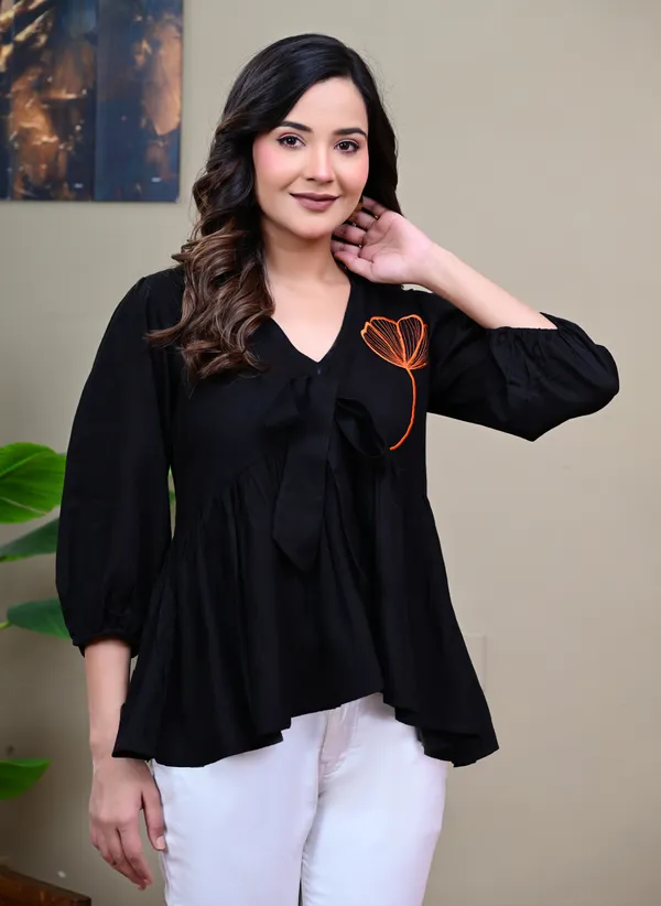 Black_Flared_V-Neck_Top_for_Women