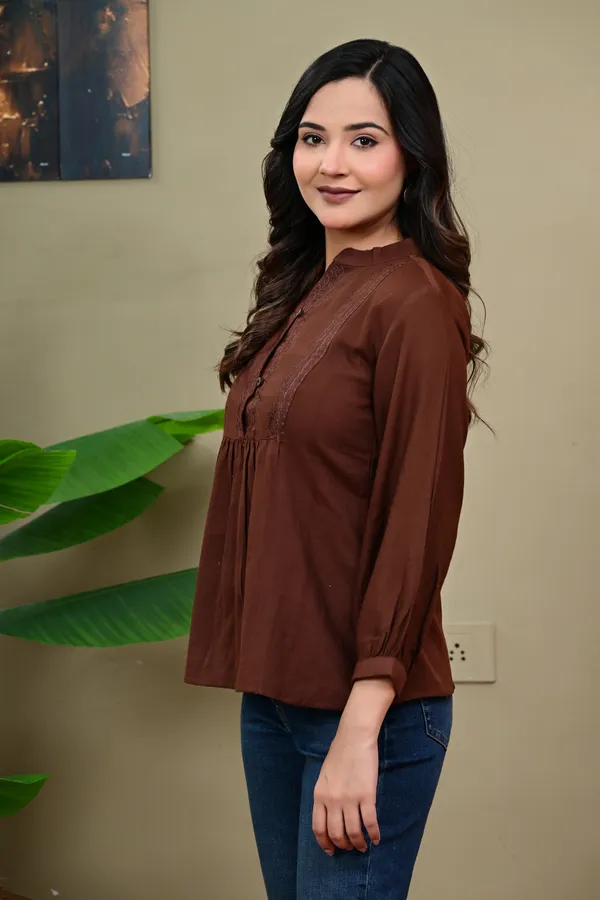 Brown_Long_Sleeve_Gathered_Top_for_Women