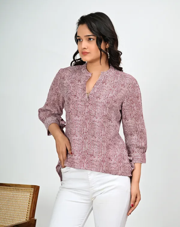 Maroon_Striped_Mandarin_Collar_Top_for_Women