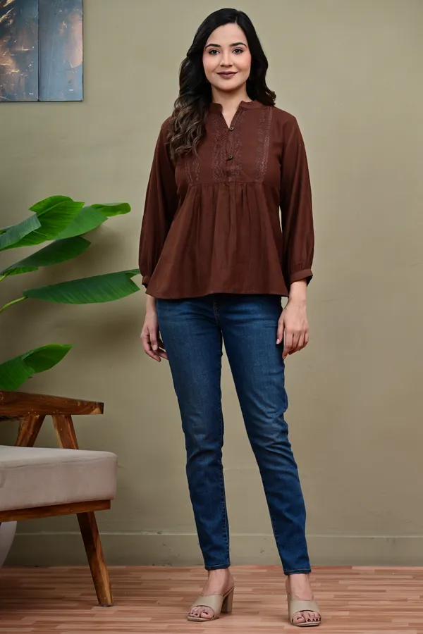 Brown_Long_Sleeve_Gathered_Top_for_Women