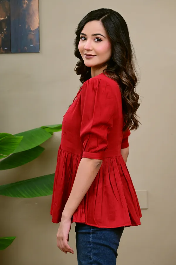 Red_Cotton_Embroidered_Peplum_Top_For_Women