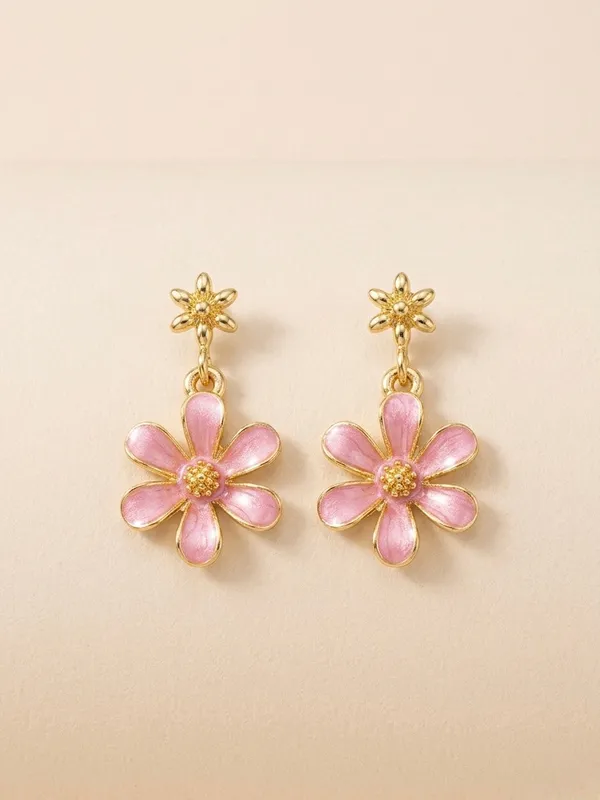 Gold_Pink_Enamel_Floral_Star_Drop_Earrings_For_Women