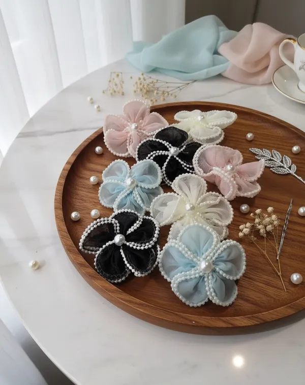 Black_Organza_Pearl_Floral_Alligator_Hair_Clip_For_Women