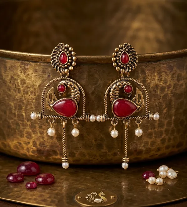 Gold_Alloy_Peacock_Engraved_Pearl_Drop_Mayura_Dangle_Earrings_For_Women