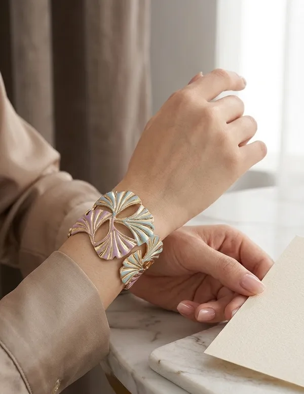 Gold_Enamel_Ginkgo_Leaf_Adjustable_Cuff_Bracelet_For_Women