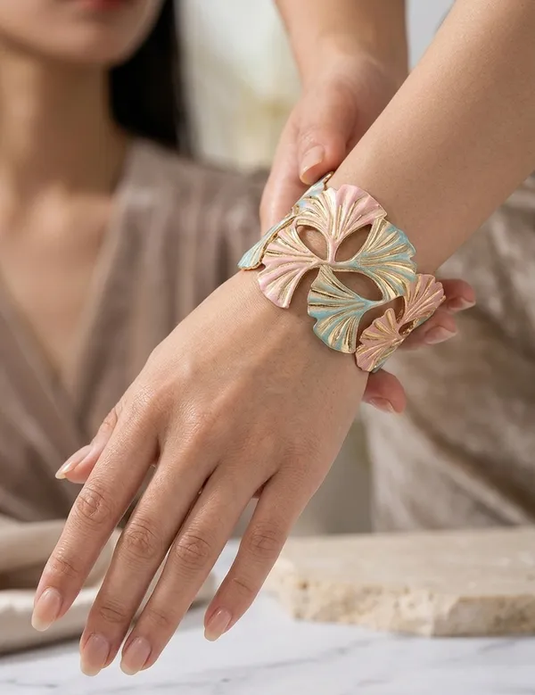 Gold_Enamel_Ginkgo_Leaf_Adjustable_Cuff_Bracelet_For_Women