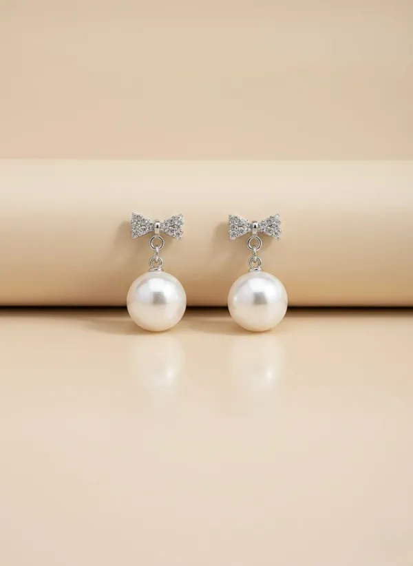 Silver_Crystal_Bow_Pearl_Drop_Earrings_For_Women