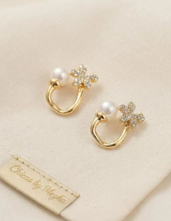 Gold_Crystal_Floral_Pearl_Open_Hoop_Stud_Earrings_For_Women