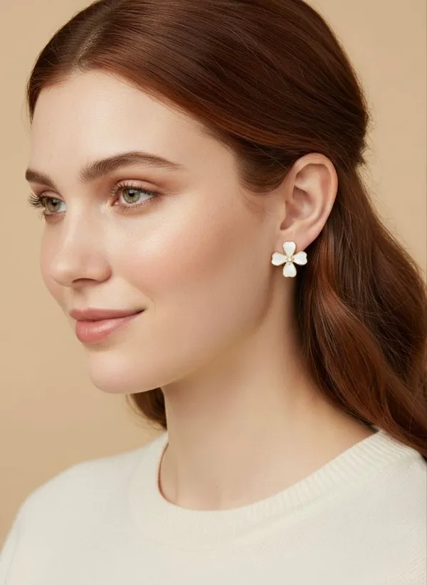 Gold_White_Enamel_Floral_Stud_Earrings_For_Women