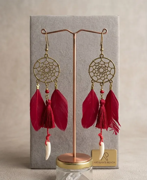 Yellow_Dreamcatcher_Tassel_Feather_Earrings_Maroon