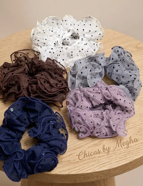 The_Polka_Dot_Ruffle_Mesh_Scrunchie_Grey
